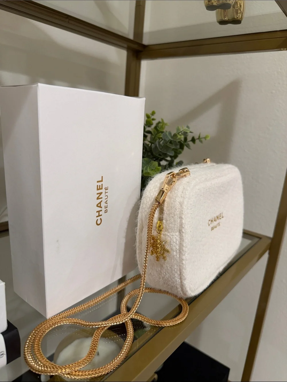 CHANEL Cream Bouclé Beaute Crossbody with Gold Chain